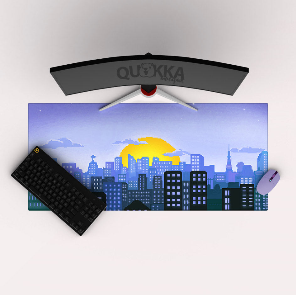 Pixel Art City Sunset (Blue) Mousepad Deskmat