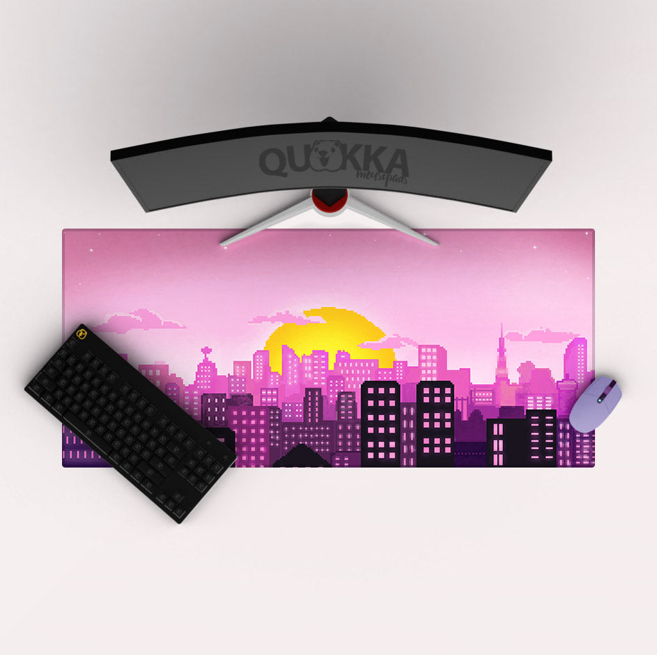 Pixel Art City Sunset (Pink) Mousepad Deskmat