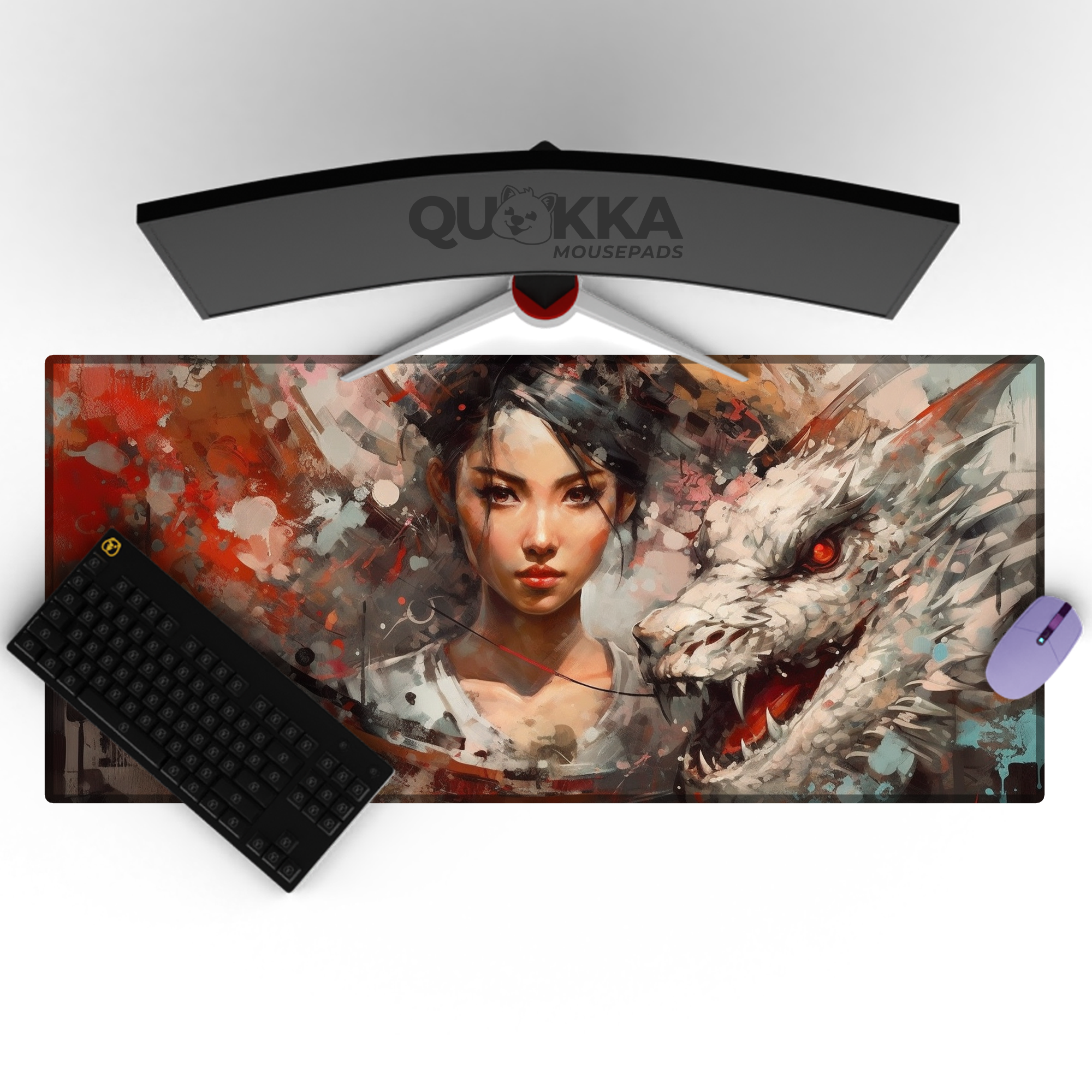 Girl and her White Dragon Oil Painting Design Mousepad Deskmat